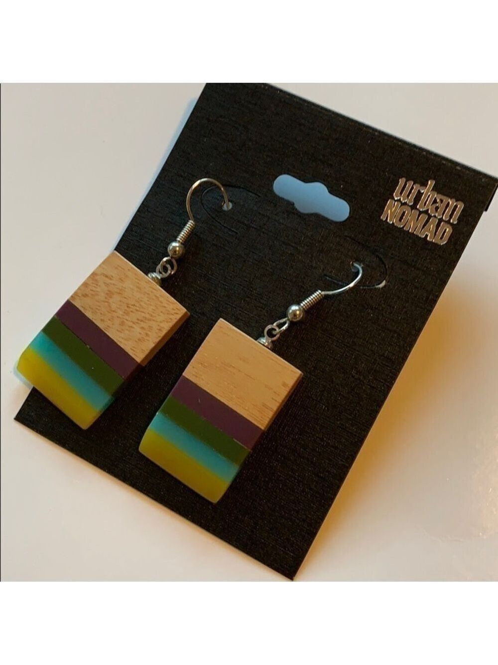 Boho unique chunky neutral wood and resin dangle earrings - Picture 2 of 6